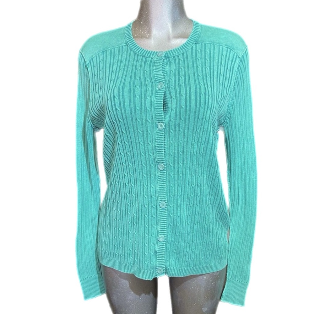 Woolrich Teal Cable Knit Cardigan Sweater Button Front Coastal Grandma Beachy XL